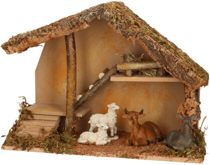 Complete kerststal met dieren beeldjes -H31 cm - hout/mos/polyresin - Kerststallen Bruin