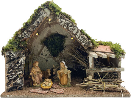 Complete kerststal met Jozef, Maria en Jezus beeldjes 43 x 20 x 29 cm - Kerststallen Multikleur