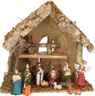 Complete kerststal met kerststal beelden -H26 cm - hout/mos/polyresin - Kerststallen Bruin
