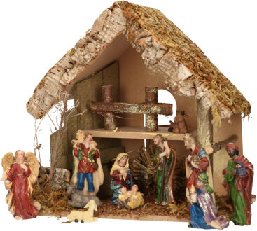 Complete kerststal met kerststal beelden -H26 cm - hout/mos/polyresin - Kerststallen Bruin