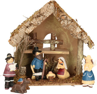 Complete kerststal met kerststal beelden -H26 cm - hout/mos/polyresin - Kerststallen Bruin