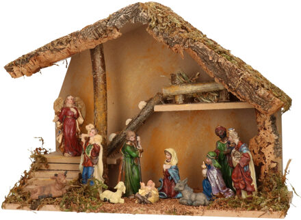 Complete kerststal met kerststal beelden -H28 cm - hout/mos/polyresin - Kerststallen Bruin