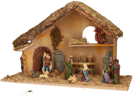 Complete kerststal met kerststal beelden -H31 cm - hout/mos/polyresin - Kerststallen Bruin