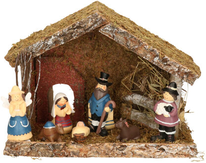 Complete kinder kerststal met 7x st kerststal beelden - 32 x 17 x 25 cm - hout/polyresin