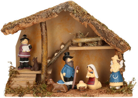 Complete kinder kerststal met 7x st kerststal beelden - 39 x 19 x 28 cm Bruin