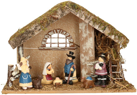 Complete kinder kerststal met 7x st kerststal beelden - 42 x 19 x 30 cm - hout/polyresin Bruin