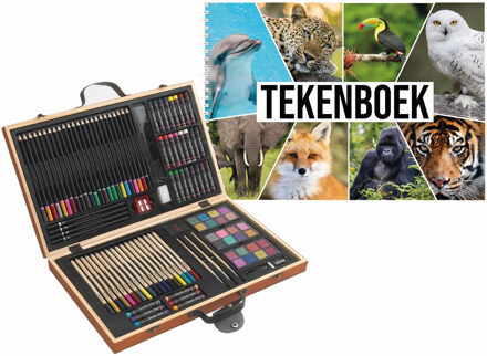 Complete teken/schilder doos 88-delig met een A4 Dieren schetsboek - Potlodendozen Multikleur