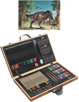 Complete teken/schilder doos 88-delig met een A4 Dino schetsboek Multi