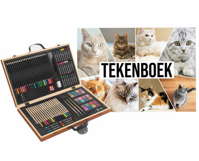 Complete teken/schilder doos 88-delig met een A4 Katten schetsboek Multi