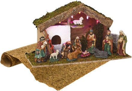 Complete verlichte kerststal inclusief kerststal beelden en ondergrond