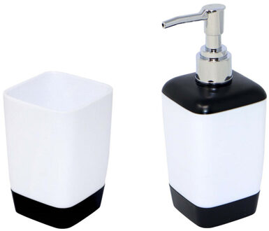 CONCORDE Badkamer accessoires setje beker en zeeppompje 17 cm wit/zwart