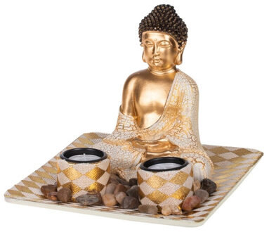 CONCORDE Boeddha beeld met waxinelichthouders voor binnen goud 21 cm