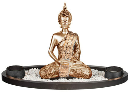 CONCORDE Boeddha beeld met waxinelichthouders voor binnen goud 33 cm