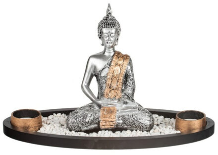 CONCORDE Boeddha beeld met waxinelichthouders voor binnen zilver 33 cm