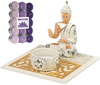 CONCORDE Boeddha beeld voor binnen 14 cm met 30x geurkaarsen lavendel