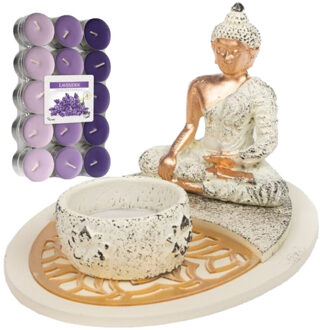CONCORDE Boeddha beeld voor binnen 15 cm met 30x geurkaarsen lavendel