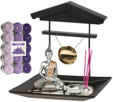 CONCORDE Boeddha beeld voor binnen - 24 cm m- et 30x geurkaarsen - lavendel - met theelichtjes