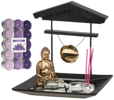 CONCORDE Boeddha beeld voor binnen 24 cm met 30x geurkaarsen lavendel