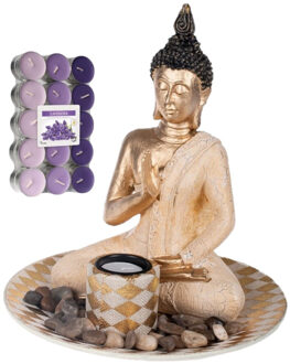 CONCORDE Boeddha beeld voor binnen 25 cm met 30x geurkaarsen lavendel