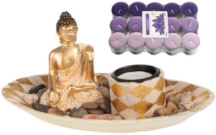 CONCORDE Boeddha beeld voor binnen 27 cm met 30x geurkaarsen lavendel