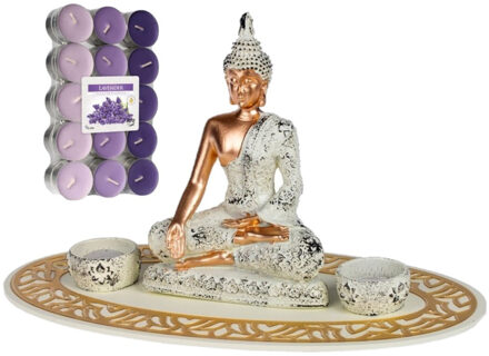 CONCORDE Boeddha beeld voor binnen 35 cm met 30x geurkaarsen lavendel