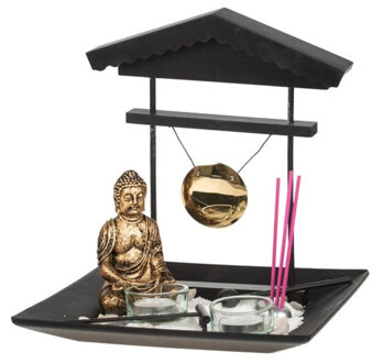 CONCORDE Boeddha zen tuin met waxinelichthouders - voor binnen - goud - 24 x 26 cm