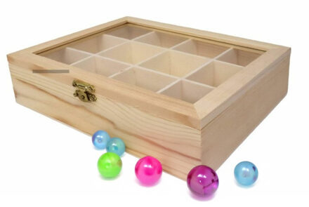 CONCORDE Hobby/kralen opbergdoos - 12-vaks - naturel - hout - 23 x 18 x 5 cm - knutselspullen opbergen
