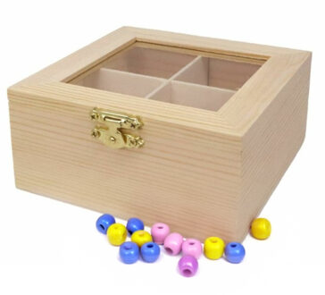 CONCORDE Hobby/kralen opbergdoos - 4-vaks - naturel - hout - 12 x 12 x 5 cm - knutselspullen opbergen