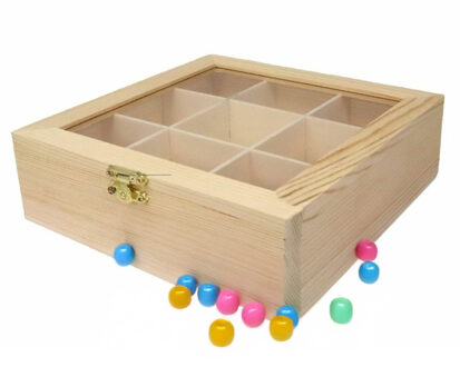 CONCORDE Hobby/kralen opbergdoos - 9-vaks - naturel - hout - 18 x 18 x 5 cm - knutselspullen opbergen