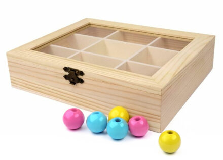 CONCORDE Hobby/kralen opbergdoos - 9-vaks - naturel - hout - 22 x 18 x 5 cm - knutselspullen opbergen