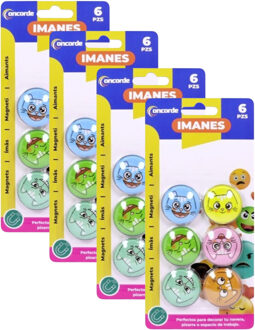 CONCORDE Magneten rond - katten/poezen design - multi kleuren - 24x stuks - D4 cm - hobby/koelkast magneetjes