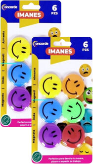 CONCORDE Magneten rond - smile design - multi kleuren - 12x stuks - D4 cm - hobby/koelkast magneetjes