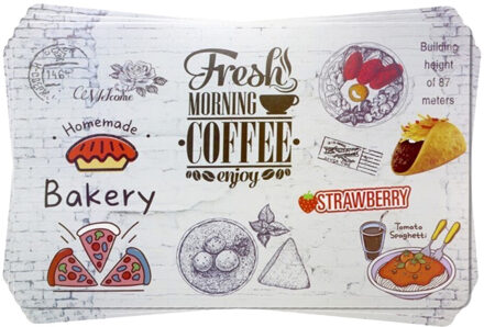 CONCORDE Placemats - 6x - koffie print - wit - 28 x 43 cm - kunststof