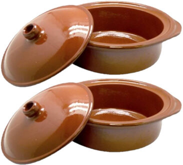 CONCORDE Set van 2x stuks tapas terracotta ovenschalen/stoofpotten cocotte met deksel 26 cm - Braadpannen Bruin