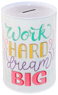 CONCORDE Spaarpot blik Tekst Work Hard Dream Big - gekleurd - 10 x 15 cm - Kinderen/volwassenen