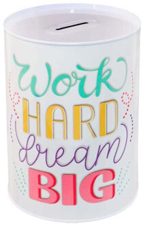 CONCORDE Spaarpot blik Tekst Work Hard Dream Big - gekleurd - 8 x 12 cm - Kinderen/volwassenen Multi