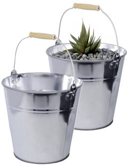 CONCORDE Zinken emmer/plantenpot - 2x - zilver - 12 liter - met houten handvat