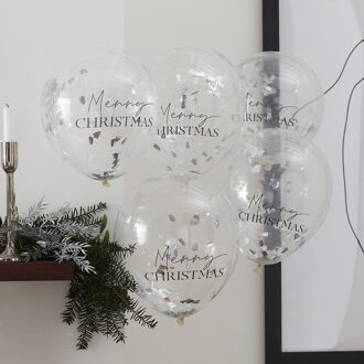 Confettiballonnen 'Merry Christmas' Zilver (5st) Wit - Transparant, Zilver - Grijs