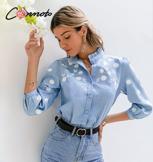Conmoto Lichtblauw Bladerdeeg Mouw Vrouwelijke Blouse Stand Kraag Mid-Lengte Mouw Vrouwen Shirt Lente Zomer Kantoor Dame blouse