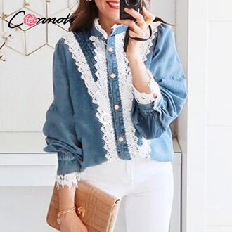 Conmoto Vintage Denim Blauw Vrouwen Blouse Shirt Herfst Winter Lange Mouw Kant Blauw Top Elegante Werkkleding Casual Leuke Dame tops
