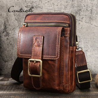 CONTACT'S 100% Vegetable Cow Leather Men Crossbody Bag Vintage Shoulder Bag for Male Multifunctional Phone Bags Quality Bolsa
