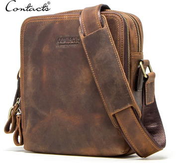 CONTACT'S 2020 New Genuine Leather Men's Messenger Bag Vintage Shoulder Bags for 7.9" Ipad Mini High Quality Male Crossbody Bag