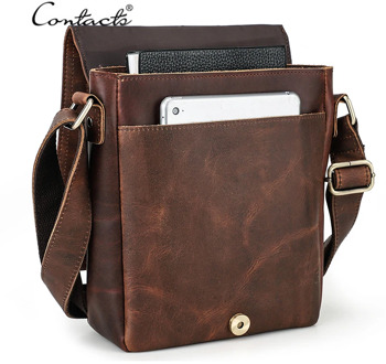 CONTACT'S Business Men's Shoulder Bags Crazy Horse Leather Messenger Bag Flap Casual Male Small Crossbody Bag for 7.9 Inch iPad
