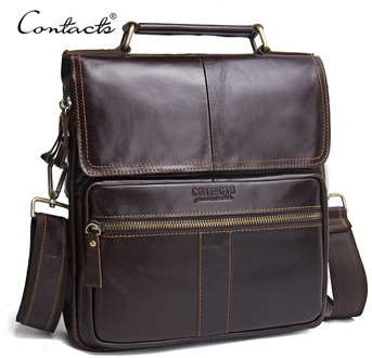 CONTACT'S Casual Genuine Leather Men Messenger Bags With Zipper Pocket High Quality Shoulder Bag For Male Soft Crossbody Bags