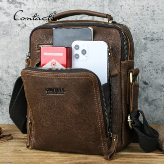 CONTACT'S Casual Men Shoulder Bag Genuine Leather Retro Messenger Bag Large Capacity Male Crossbody Bags For 7.9" iPad Tote Bags