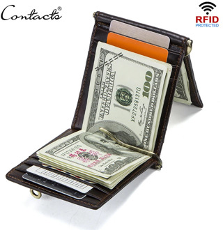 CONTACT'S Crazy Horse cowhide leather RFID money clip slim card wallet trifold male cash clamp man cash holder zip coin pocket