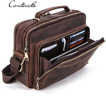 CONTACT'S Crazy Horse Leather Men Messenger Bag Vintage Man Crossbody Bag Handbags Large Capacity Male Shoulder Bags Bolsos