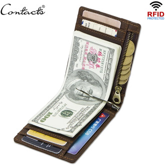 CONTACT'S Crazy Horse men RFID Genuine Leather Money Clip Card Wallet Thin Bifold cash clamp casual cash holder man coin purse