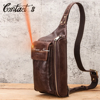 Contact's Crossbody Chest Sling Bag for Men Genuine Leather Shoulder Bag Casual Travel Waist Bags Large Capacity Free Engraving