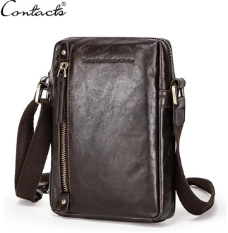 CONTACT'S Genuine Leather men shoulder bag with big Zip pocket for 7.9 inch laptop travel vintage style male massage bag Soft